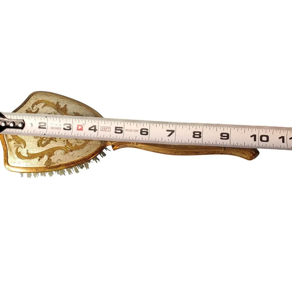 VTG 1950s Gold Tone Vanity Set Hand Mirror & Hair Brush Hollywood Regency Floral